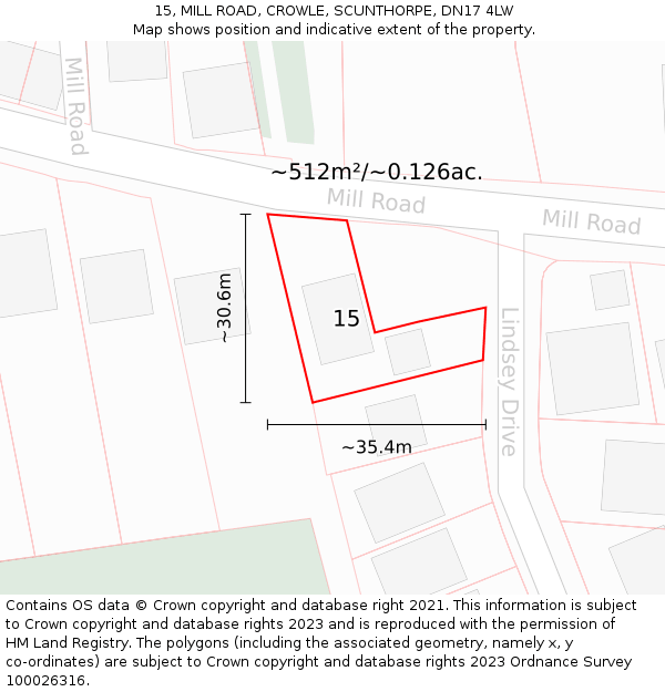 15, MILL ROAD, CROWLE, SCUNTHORPE, DN17 4LW: Plot and title map