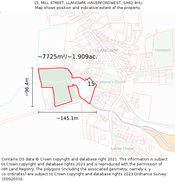 15, MILL STREET, LLANGWM, HAVERFORDWEST, SA62 4HU: Plot and title map