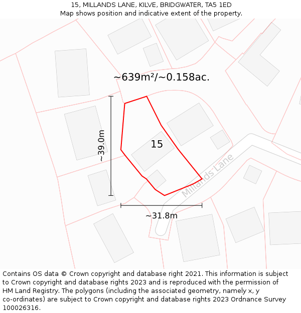 15, MILLANDS LANE, KILVE, BRIDGWATER, TA5 1ED: Plot and title map
