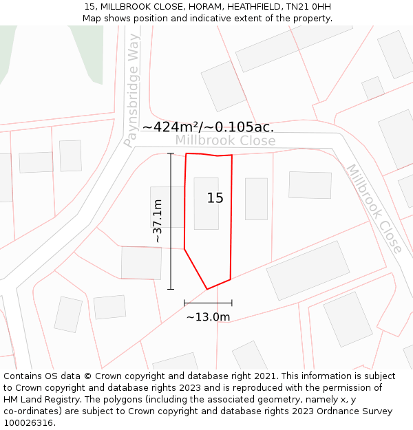 15, MILLBROOK CLOSE, HORAM, HEATHFIELD, TN21 0HH: Plot and title map