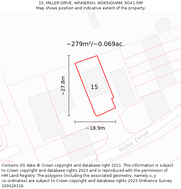 15, MILLER DRIVE, WINNERSH, WOKINGHAM, RG41 5RP: Plot and title map