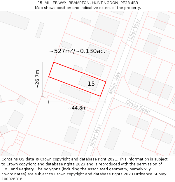 15, MILLER WAY, BRAMPTON, HUNTINGDON, PE28 4RR: Plot and title map