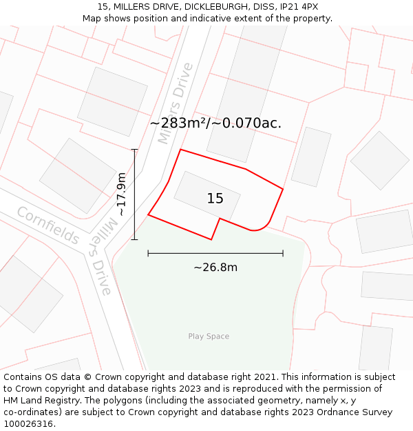 15, MILLERS DRIVE, DICKLEBURGH, DISS, IP21 4PX: Plot and title map