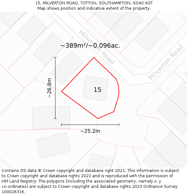 15, MILVERTON ROAD, TOTTON, SOUTHAMPTON, SO40 9GT: Plot and title map