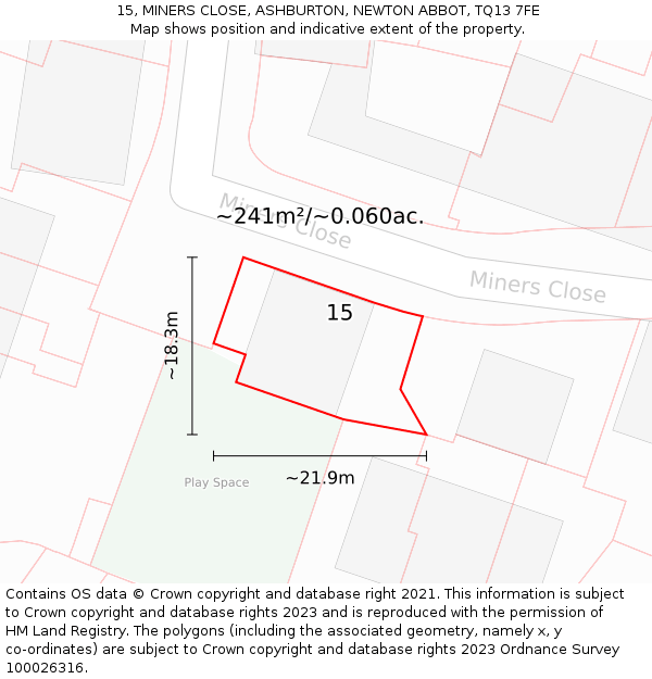 15, MINERS CLOSE, ASHBURTON, NEWTON ABBOT, TQ13 7FE: Plot and title map