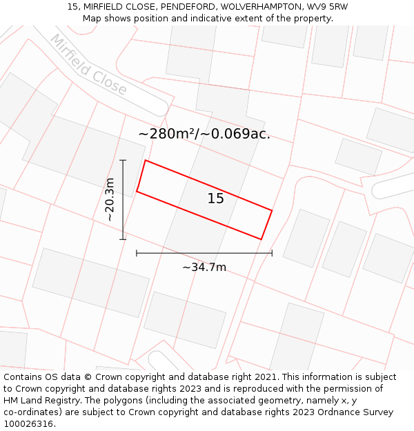 15, MIRFIELD CLOSE, PENDEFORD, WOLVERHAMPTON, WV9 5RW: Plot and title map