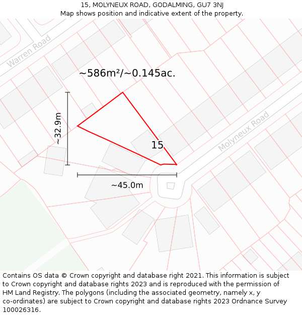 15, MOLYNEUX ROAD, GODALMING, GU7 3NJ: Plot and title map