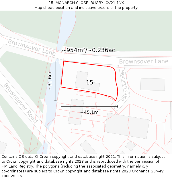 15, MONARCH CLOSE, RUGBY, CV21 1NX: Plot and title map