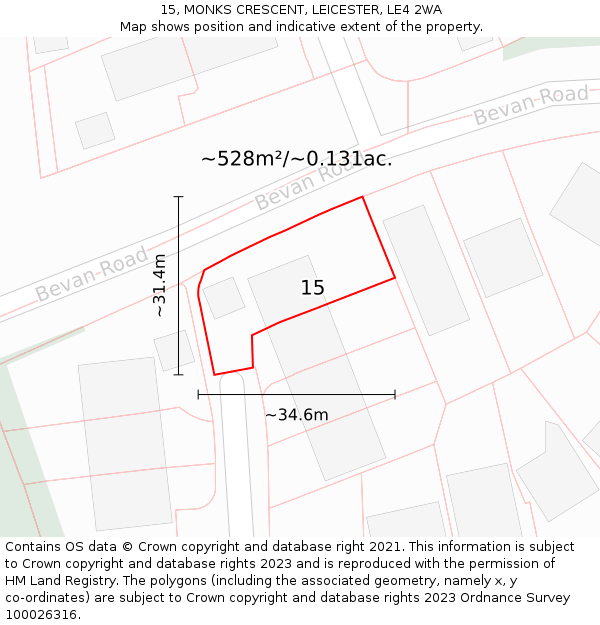 15, MONKS CRESCENT, LEICESTER, LE4 2WA: Plot and title map