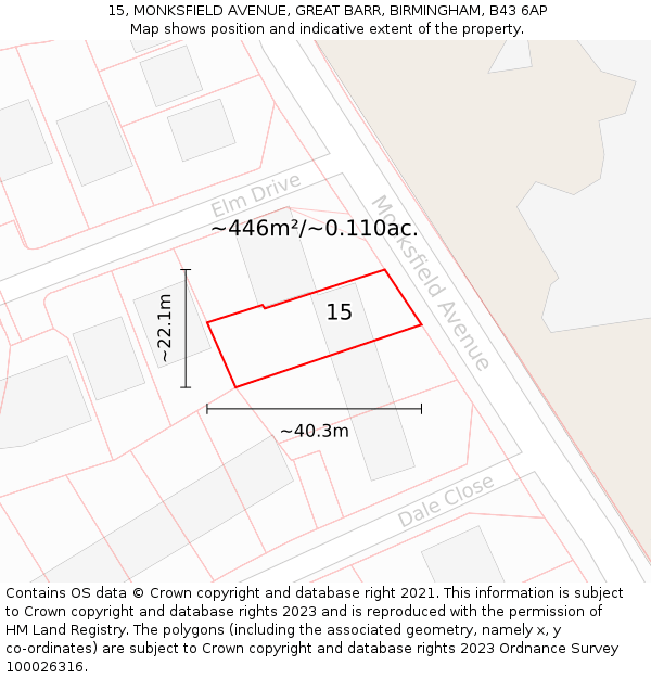 15, MONKSFIELD AVENUE, GREAT BARR, BIRMINGHAM, B43 6AP: Plot and title map