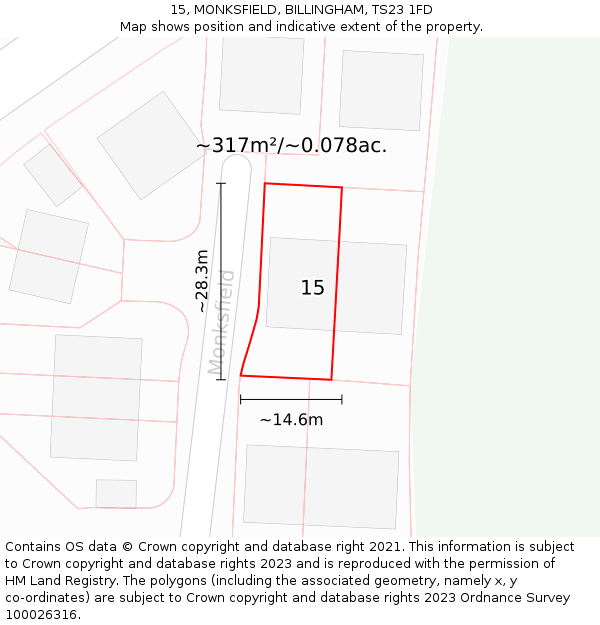 15, MONKSFIELD, BILLINGHAM, TS23 1FD: Plot and title map