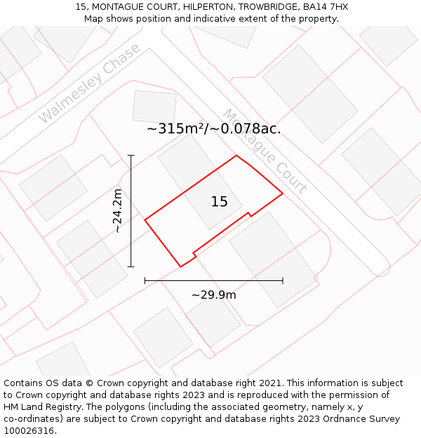 15, MONTAGUE COURT, HILPERTON, TROWBRIDGE, BA14 7HX: Plot and title map