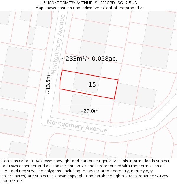 15, MONTGOMERY AVENUE, SHEFFORD, SG17 5UA: Plot and title map