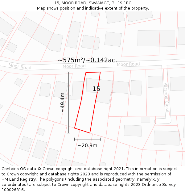 15, MOOR ROAD, SWANAGE, BH19 1RG: Plot and title map