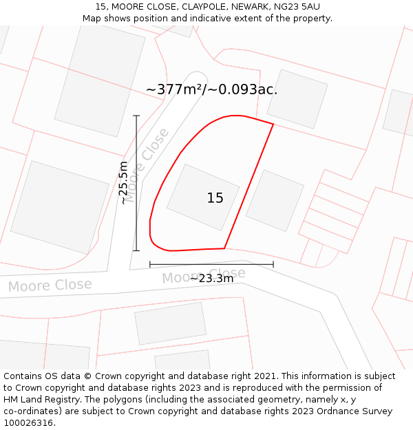 15, MOORE CLOSE, CLAYPOLE, NEWARK, NG23 5AU: Plot and title map