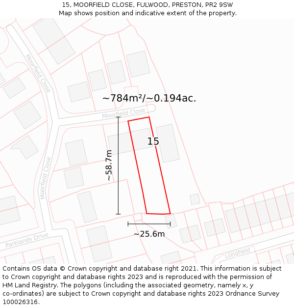 15, MOORFIELD CLOSE, FULWOOD, PRESTON, PR2 9SW: Plot and title map