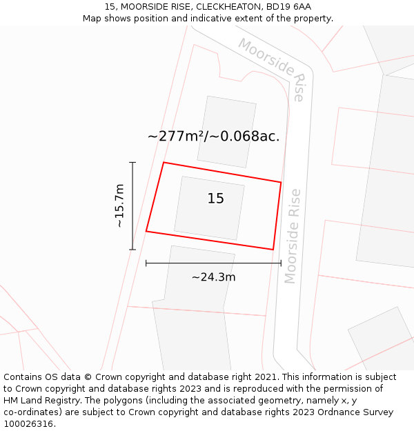 15, MOORSIDE RISE, CLECKHEATON, BD19 6AA: Plot and title map