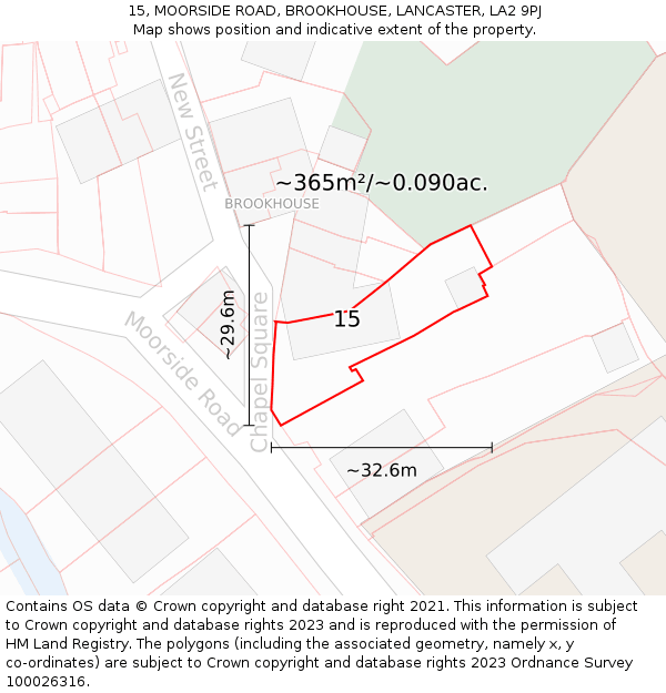 15, MOORSIDE ROAD, BROOKHOUSE, LANCASTER, LA2 9PJ: Plot and title map