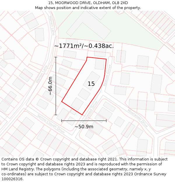 15, MOORWOOD DRIVE, OLDHAM, OL8 2XD: Plot and title map