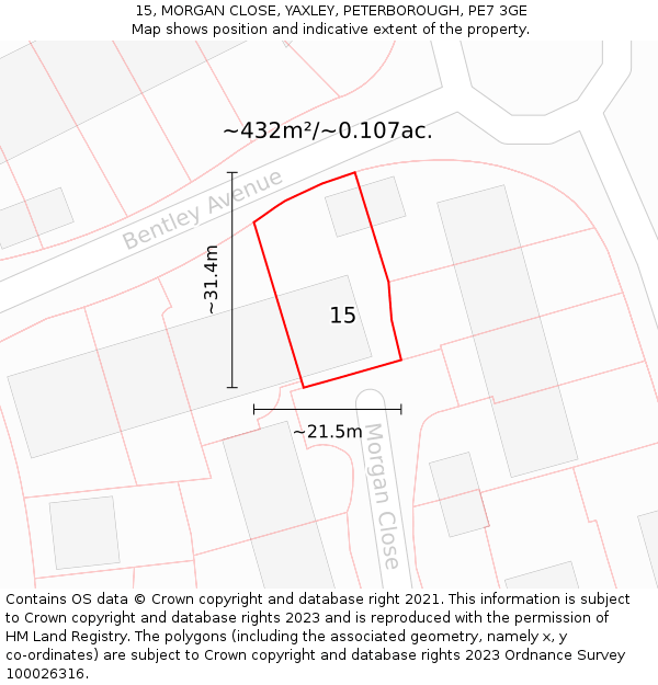 15, MORGAN CLOSE, YAXLEY, PETERBOROUGH, PE7 3GE: Plot and title map