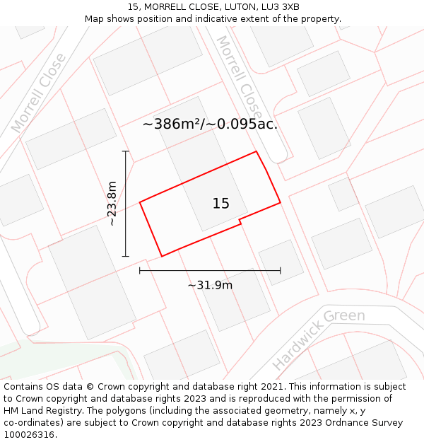 15, MORRELL CLOSE, LUTON, LU3 3XB: Plot and title map