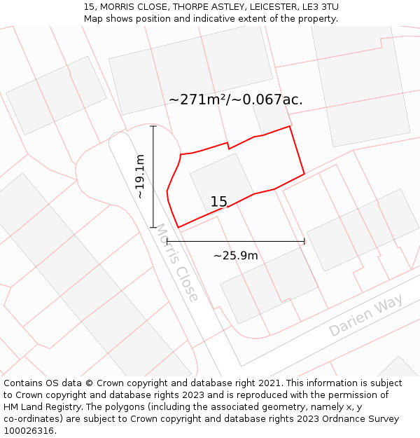 15, MORRIS CLOSE, THORPE ASTLEY, LEICESTER, LE3 3TU: Plot and title map