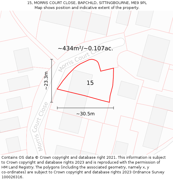 15, MORRIS COURT CLOSE, BAPCHILD, SITTINGBOURNE, ME9 9PL: Plot and title map