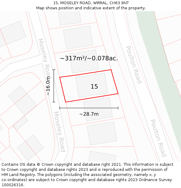 15, MOSELEY ROAD, WIRRAL, CH63 9NT: Plot and title map