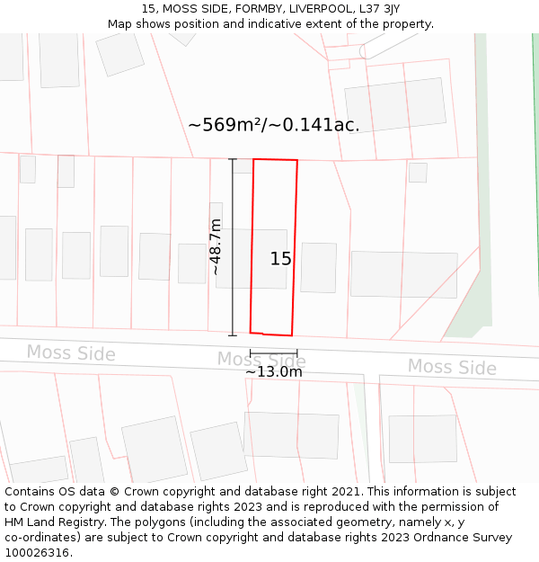 15, MOSS SIDE, FORMBY, LIVERPOOL, L37 3JY: Plot and title map