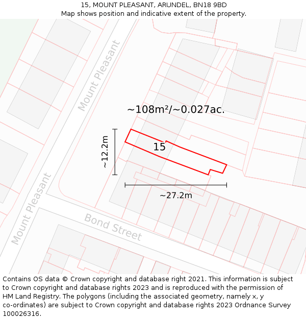 15, MOUNT PLEASANT, ARUNDEL, BN18 9BD: Plot and title map