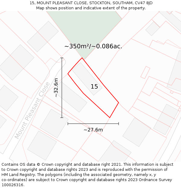 15, MOUNT PLEASANT CLOSE, STOCKTON, SOUTHAM, CV47 8JD: Plot and title map