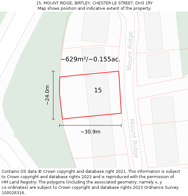 15, MOUNT RIDGE, BIRTLEY, CHESTER LE STREET, DH3 1RY: Plot and title map