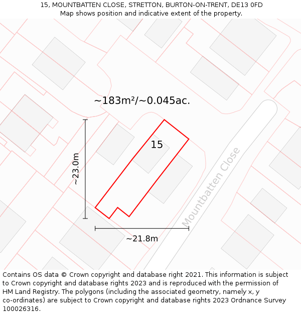 15, MOUNTBATTEN CLOSE, STRETTON, BURTON-ON-TRENT, DE13 0FD: Plot and title map