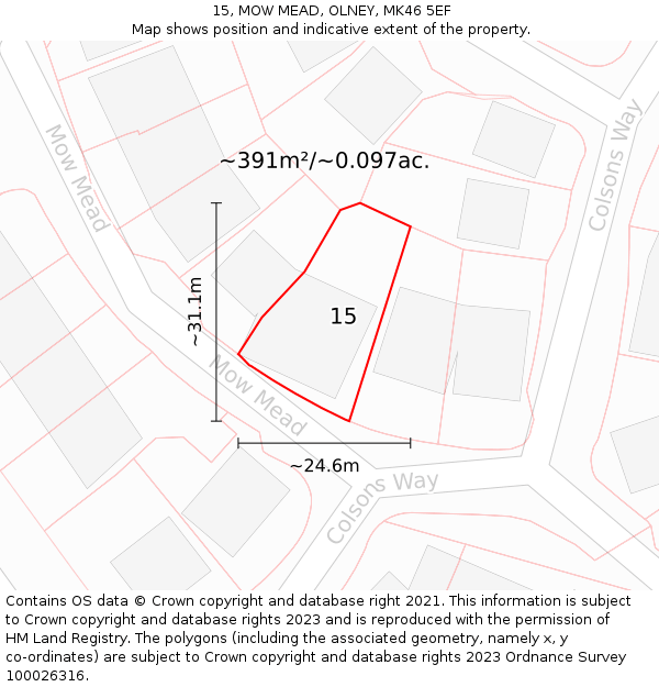 15, MOW MEAD, OLNEY, MK46 5EF: Plot and title map