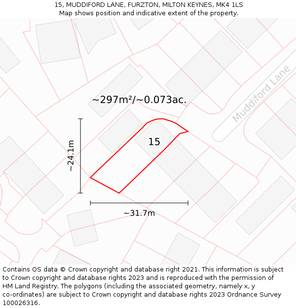 15, MUDDIFORD LANE, FURZTON, MILTON KEYNES, MK4 1LS: Plot and title map