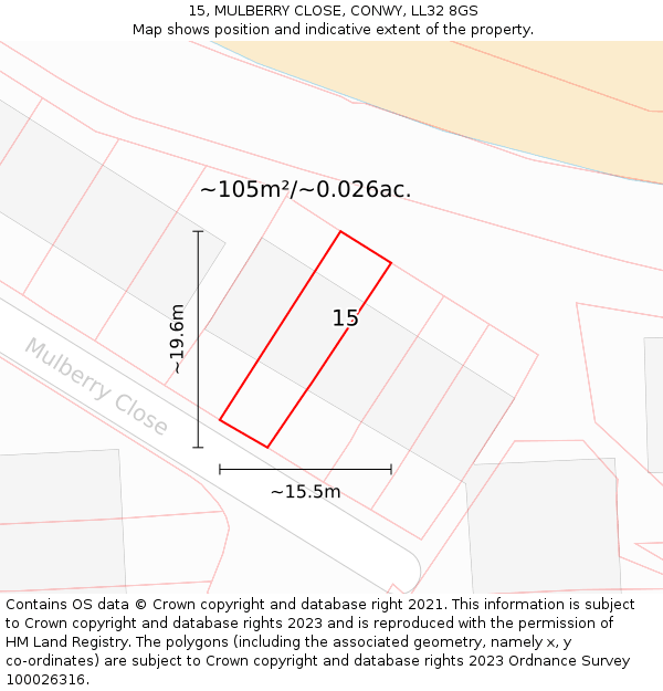 15, MULBERRY CLOSE, CONWY, LL32 8GS: Plot and title map