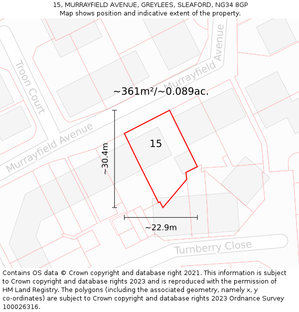 15, MURRAYFIELD AVENUE, GREYLEES, SLEAFORD, NG34 8GP: Plot and title map