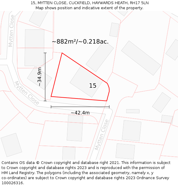 15, MYTTEN CLOSE, CUCKFIELD, HAYWARDS HEATH, RH17 5LN: Plot and title map