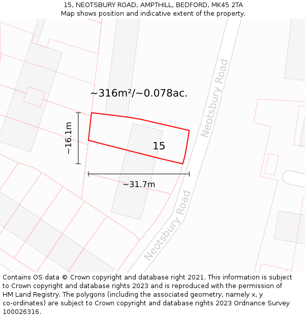 15, NEOTSBURY ROAD, AMPTHILL, BEDFORD, MK45 2TA: Plot and title map