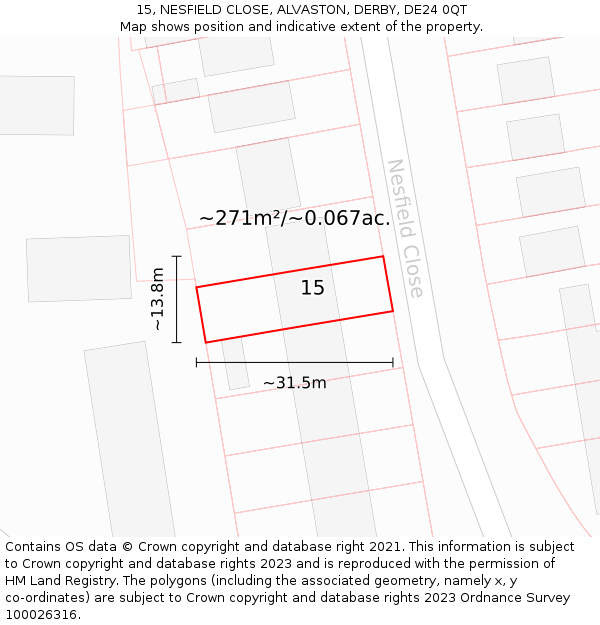 15, NESFIELD CLOSE, ALVASTON, DERBY, DE24 0QT: Plot and title map