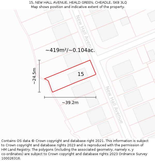 15, NEW HALL AVENUE, HEALD GREEN, CHEADLE, SK8 3LQ: Plot and title map