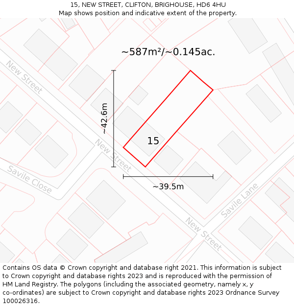 15, NEW STREET, CLIFTON, BRIGHOUSE, HD6 4HU: Plot and title map