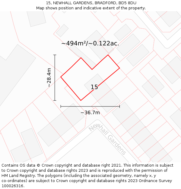 15, NEWHALL GARDENS, BRADFORD, BD5 8DU: Plot and title map