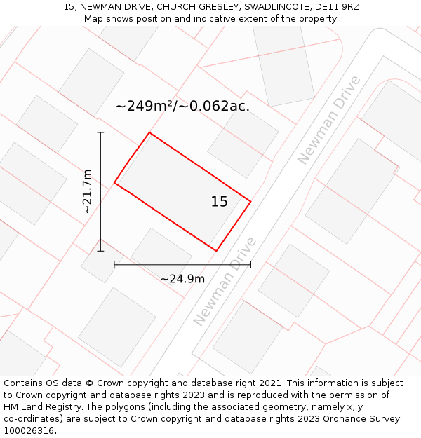 15, NEWMAN DRIVE, CHURCH GRESLEY, SWADLINCOTE, DE11 9RZ: Plot and title map