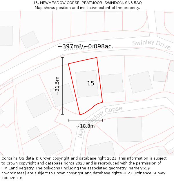 15, NEWMEADOW COPSE, PEATMOOR, SWINDON, SN5 5AQ: Plot and title map