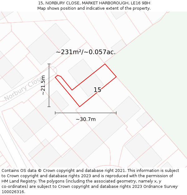 15, NORBURY CLOSE, MARKET HARBOROUGH, LE16 9BH: Plot and title map