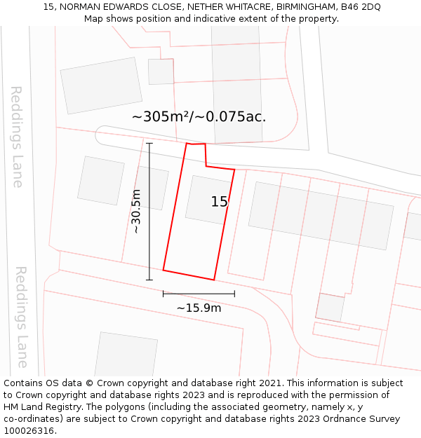 15, NORMAN EDWARDS CLOSE, NETHER WHITACRE, BIRMINGHAM, B46 2DQ: Plot and title map