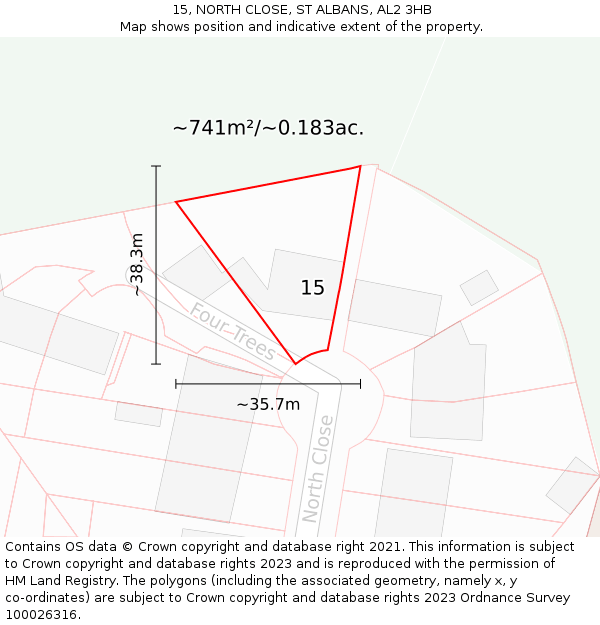 15, NORTH CLOSE, ST ALBANS, AL2 3HB: Plot and title map