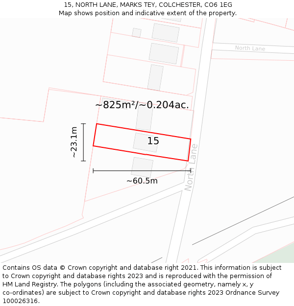 15, NORTH LANE, MARKS TEY, COLCHESTER, CO6 1EG: Plot and title map