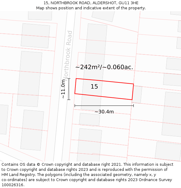 15, NORTHBROOK ROAD, ALDERSHOT, GU11 3HE: Plot and title map